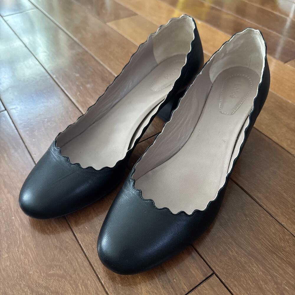Authentic CHLOE Black Scalloped Block Heel Women’s Pumps Size 36.5